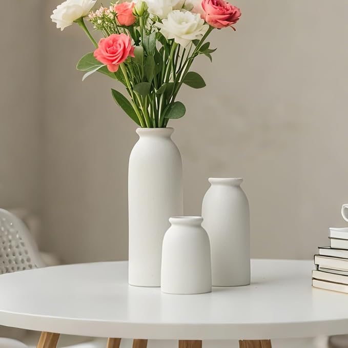 Ceramic Vase Set-3, Small Flower Vases for Decor, Modern Boho Farmhouse Style, Decorative Vases for Pampas Grass & Dried Flowers, Distressed Finish (White)