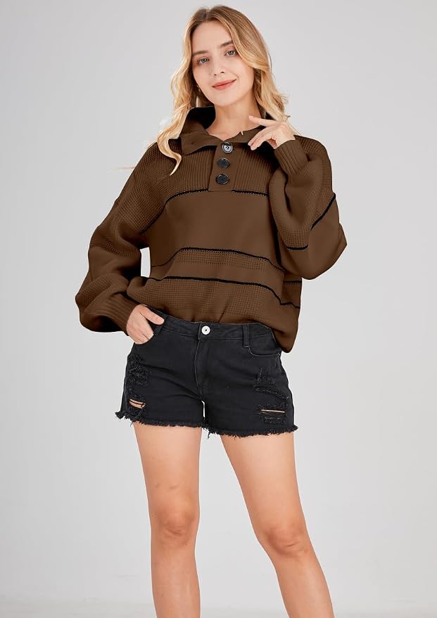 chouyatou Women's Slouchy Waffle Knit Sweater 1/2 Button Polo Collared Pullover Striped Sweater Tops