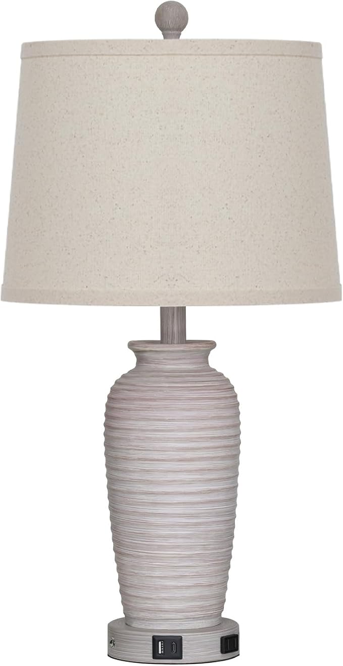 CINSARY 25" Vintage Farmhouse Jar Table Lamps, Single Rustic Bedside Lamp with USB A+C Ports & AC Outlet, Nightstand Lamps for Living Room, Bedroom, End Table, Grey White(LED Bulb Included)