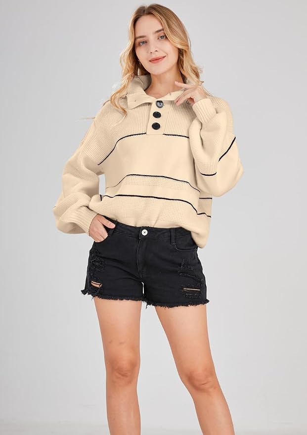 chouyatou Women's Slouchy Waffle Knit Sweater 1/2 Button Polo Collared Pullover Striped Sweater Tops