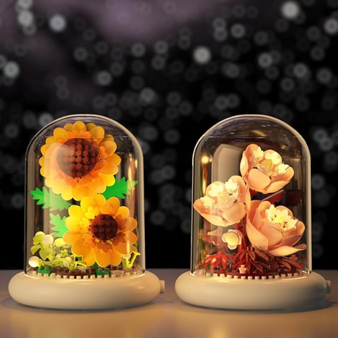 Creative Botanical Micro Blocks with Light Set - 550PCS Artificial Chrysanthemum, Peony and Hibiscus, Perfect DIY Gift for Adults, Teens and Flower Lovers