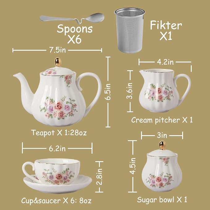 Porcelain Tea Sets British Royal Series, 8 OZ Cups & Saucer Service for 6, with Teapot Sugar Bowl Cream Pitcher Teaspoons and Tea Strainer, Suitable for High Tea, Wedding, Party(Morning glory)