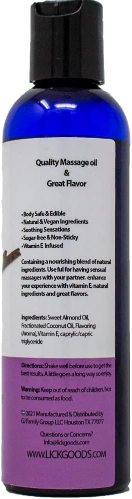 Lick Vanilla Flavored Massage Oil – Classic Dessert-Inspired Edible Massage Oil with Sweet Almond Oil, Silky Non-Greasy Glide for Couples Massage & Skin Care, 4 oz