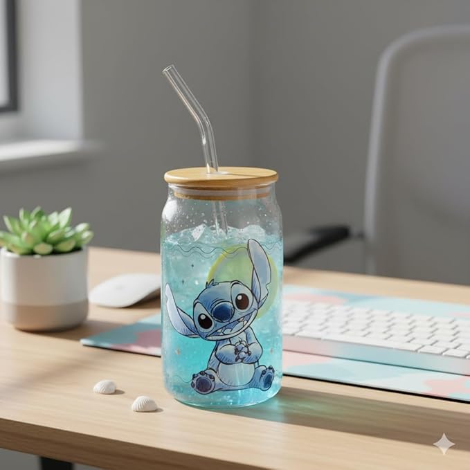 Silver Buffalo Disney Lilo and Stitch Sitting Glass Jar Tumbler with Bamboo Lid and Glass Straw, 16 Ounces