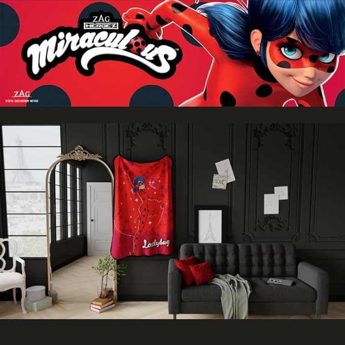 Miraculous: Tales of Ladybug and Cat Noir Kids Bedding Super Soft Micro Raschel Throw, 46 in x 60 in, (Officially Licensed Product) by Franco