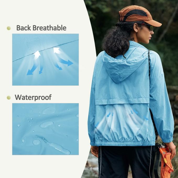 Yousify Womens Waterproof Rain Jackets Lightweight Zip Up Raincoat Outdoor Hiking Hooded Windbreaker with Pocket