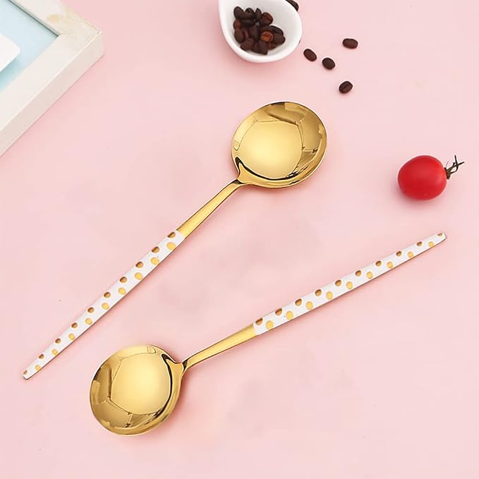 Stainless Steel Soup Spoon,Korean Dessert Spoons,Polka Dot Mixed Color Spoon for Home, Kitchen or Restaurant, Set of 4 Colour Polka Dot Soup Spoons, 8 Inches.