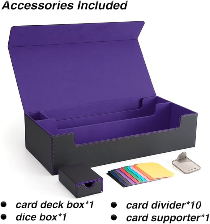 Venssu MTG Deck Box Holds 5 Display Card Deck Boxes with Playmat and Dice Box,Includes 10 colorful dividers and 1 card supporter, Trading Card Storage Box For Magic Game Cards(Black and Purple)