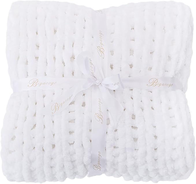 Bigacogo Chunky Knit Throw Blanket for Couch, 60x80 inches, Pure White | Hand Knit with Jumbo Chenille, Soft Breathable Cable Knit for Sofa Bed Living Room, Machine Washable, Gift for Mom Friend