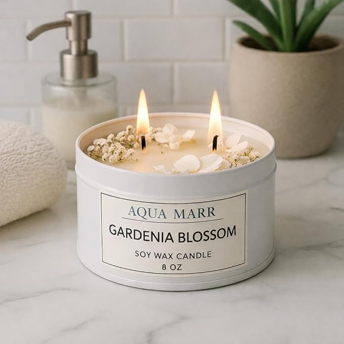 Gardenia Tuberose Blossom Soy Candle โ 8 oz Floral Scented Candle, Hand-Poured Clean Burning Candle for Home, Spa & Relaxation โ Aqua MARR