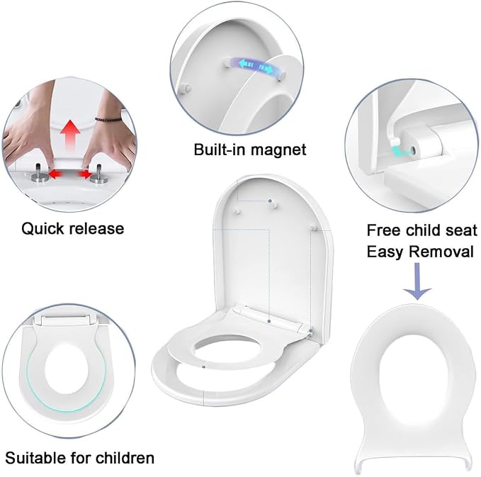 Toilet Seat, 18" Elongated Toilet Seat with Built in Toddler Potty Training Seat, U-Shaped Toilet Seat with Slow Close Toilet Lid Fits Both Adults and Childs