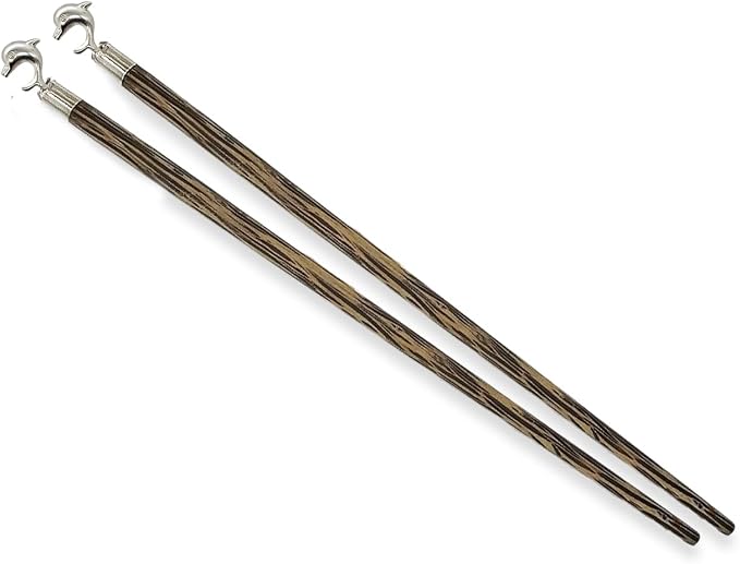 Wooden Chopsticks 9⅞" Coconut Palm Wood Chopstick With Metal Dolphin Top Eating Utensils Oriental Cutlery Asian Tableware Decorative Dinnerware to Serve Chinese Japanese Korean Food