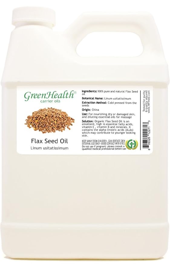 GreenHealth Flaxseed Oil 32 fl oz – 100% Pure & Natural Carrier Oil, Cold Pressed, Bulk Size for DIY Skincare, Hair Care, Massage & Essential Oil Blends – Plastic Jug
