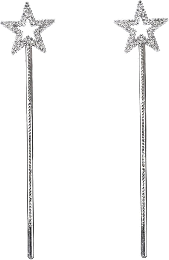 2 Pack Silver Princess Star Wand, Crown Wands Angel Magic Wand for Girls Birthday,Dress up and Halloween Costume Supplies (Silver Star)