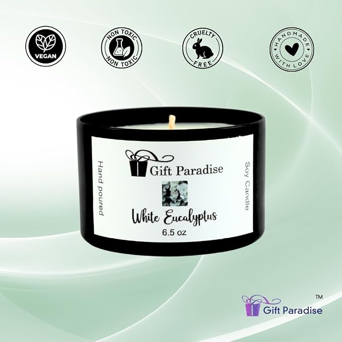White Eucalyptus Soy Wax Candle in Black Metal Tin, 6.5 oz, Cotton Wick, Eucalyptus Mist, Fresh, Cooling Eucalyptus