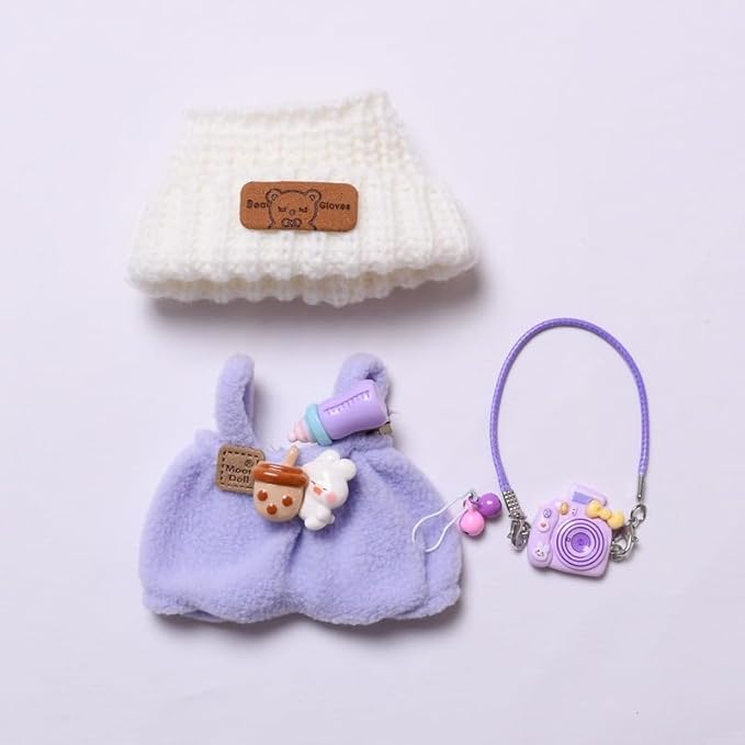 Designer Clothes Set for 15cm/17cm Dolls, Doll Knit Outfit Accessories with Purple Sweater Overall, Purple Camera and Beanie, DDK-Purple