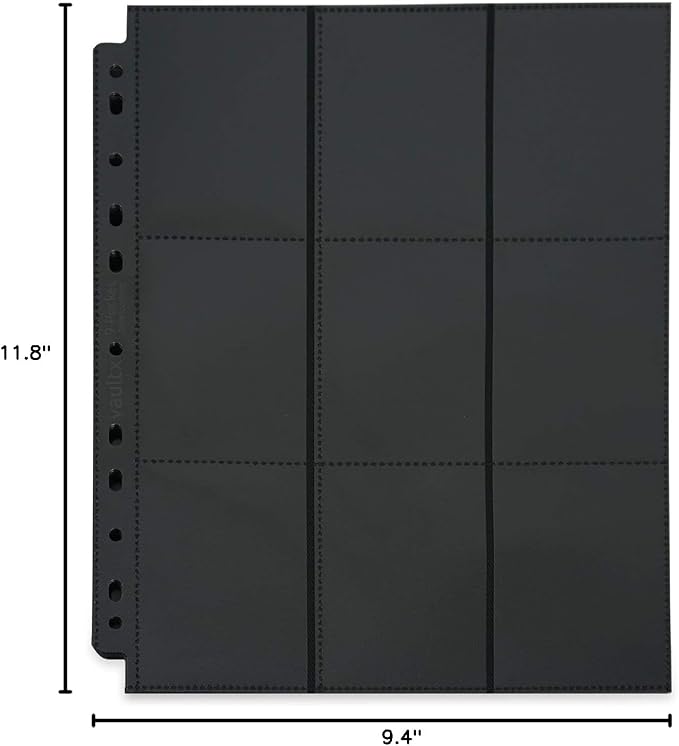 Vault X 9 Pocket Sideloading Pages for 3 Ring Binder (50 Pack) 900 Cards, Double-Sided A4, Storage for Trading Cards (Black)