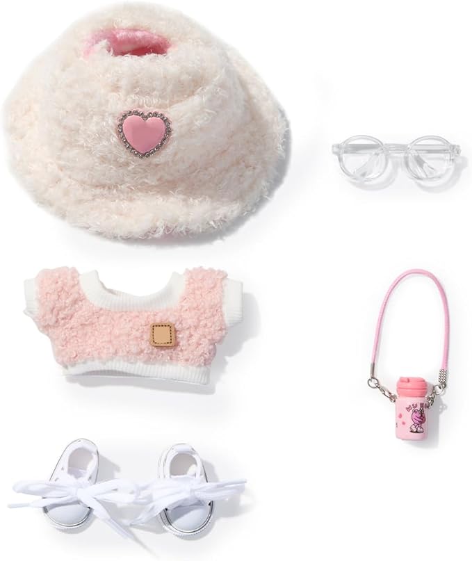 5 Set 17cm Doll Clothes -Clothes for Dolls Outfit - Accessories for 17cm Dolls Clothes +Light Pink Heart-Shaped Velvet hat + Small Camera + Glasses + Canvas Shoes, No Doll Included (Style A1)