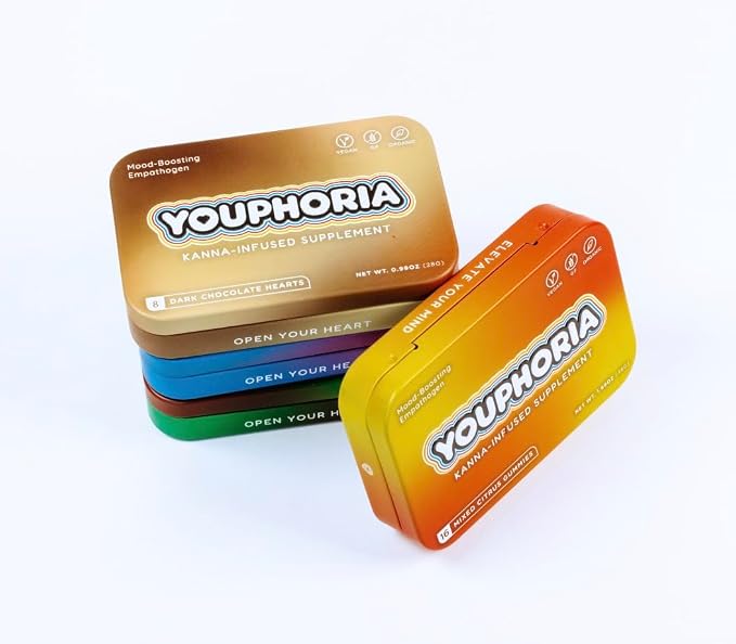 Youphoria Dark Chocolate Hearts, 600mg Kanna Supplement with L-Theanine for Relaxation, Organic, 8 Count