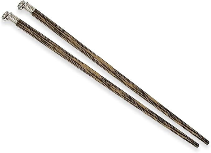 Wooden Chopsticks 9⅞" Long Coconut Palm Wood Chopstick Metal Elephant Top Eating Utensils Oriental Cutlery Asian Tableware Decorative Dinnerware to Serve Chinese Japanese Korean Food
