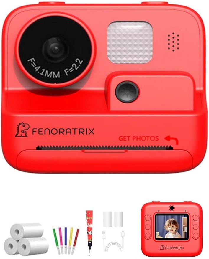 Instant Print Camera for Kids โ No Ink Needed, 2.4" Screen, Selfie & 1080P Video, 10X Zoom, 3 Paper Rolls, Stickers & Markers, Fun Creative Gift for Boys & Girls Ages 3 4 5 6 7 8 9 10 โ FENORATRIX RED