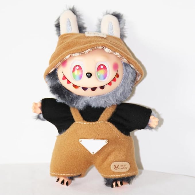 Doll Clothes Set for Labubu(NO Doll), Hat & Overalls Set for 17cm Accessories Suit, Cute Clothes for Dress up Unique Style(Brown, 17cm)