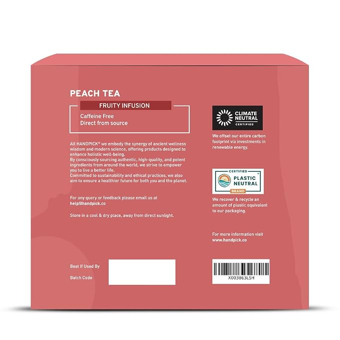 HANDPICK, Peach Tea Bags (80 Count) Non-GMO, Caffeine-Free - Peach, Hibiscus, Cinnamon, Cloves, Ginger | Floral & Refreshing Herbal Tea Bags, Brew Iced Tea or Hot Tea