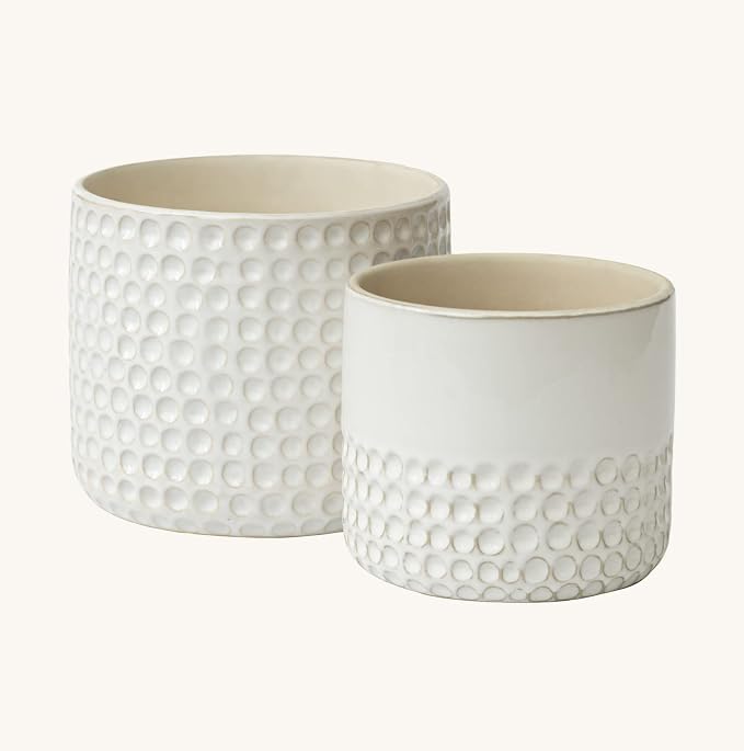 La Jolie Muse Ceramic Planter Flower Plant Pots- 6.7+5.5 Inch Concave Dot Patterned Cylinder Flower Pot W/ Drain Hole for Indoor, Set of 2, Ivory | 6.7+5.5 Inch, Ivory Dot Pattern Ceramic Planter with Drainage Hole, Decorative Planter Pots for Indoor P...