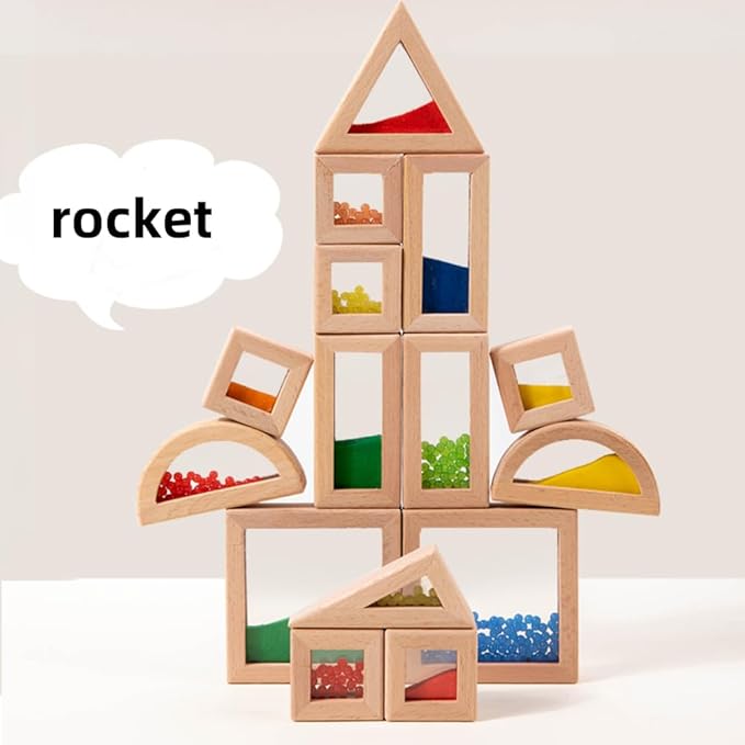 Rainbow Sensory Toys Blocks,15 Pcs Large Wooden Building Blocks for Toddlers Baby Kids,Colorful Geometric Stacking Toys, Preschool Educational Toy Set