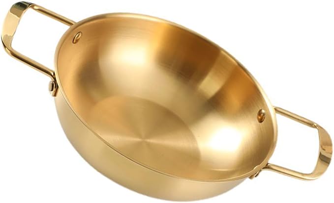 Korean Ramen Cooking Pot with Double Handle, Stainless Steel Noodle Pot, Convenient Cooking Pot for Soup Small Hot Pot, 20cm/7.9in, Golden Color, with Lid