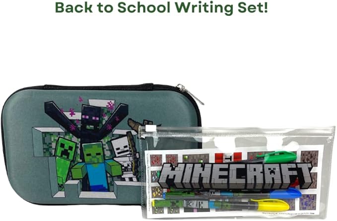 Innovative Designs Minecraft Pencil Case Set with Stickers and Gel Pens for Kids, Molded with Zip Closure