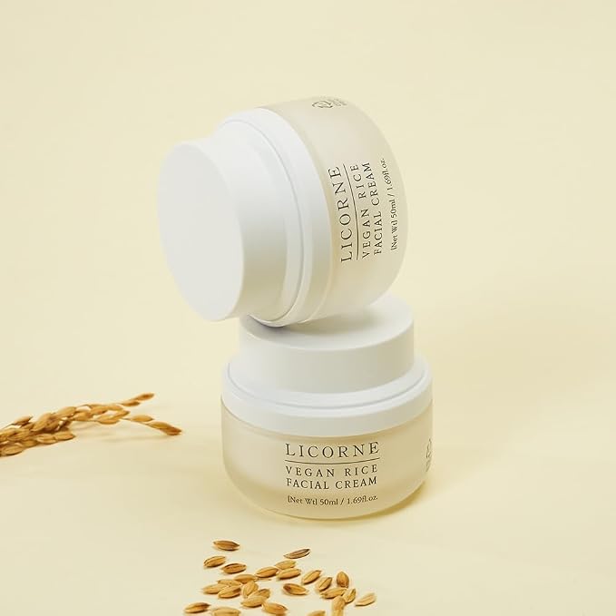LICORNE Vegan Rice Facial Cream with AHA & PHA – Lightweight Korean Moisturizer, Rice Bran Extract, Niacinamide & Glycolic Acid, Smooth Dewy Glass Skin, Daily Face Cream Sensitive Skin, 1.69 fl oz