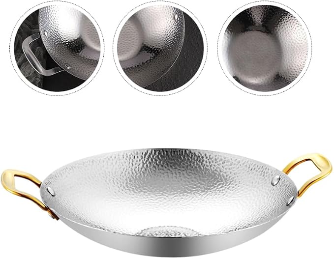 Kichvoe Hammered Griddle 11.81 Inch Double Handle Cooking Pan Stainless Steel Kitchen Cookware for Hot Pot Seafood Korean Ramen Home and Restaurant Use