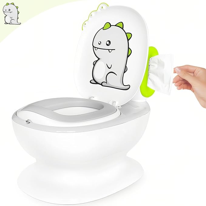 KtEli Toddler Potty Training Seat, Realistic Children's Toilet with Music for 1-3 Years, Dinosaurs Urinal Pot, Toilet Potty Seat for Boys and Girls with Splash Guard, Potty Training Toilet, White
