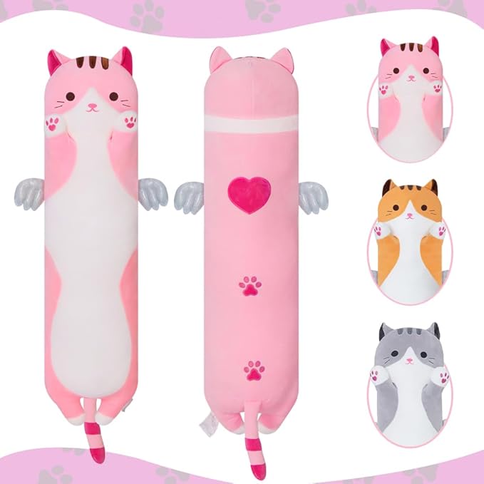 Cute Cat Plush Pillow, Pink Long Stuffed Animal Soft Kitten Plushie Kawaii Cat Stuffed Toy for Kids, Girlfriend (110cm/43.3inch)