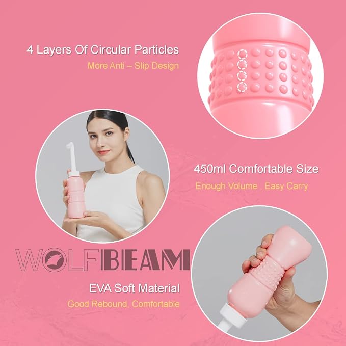Wolfbeam 2in1 Portable Hand-held Vulva and Anus Cleaner, Pink+Green 450ML | Personal Health Vaginal Washing Container, Travel Urinal Spray Scrubber, Personal Hygiene