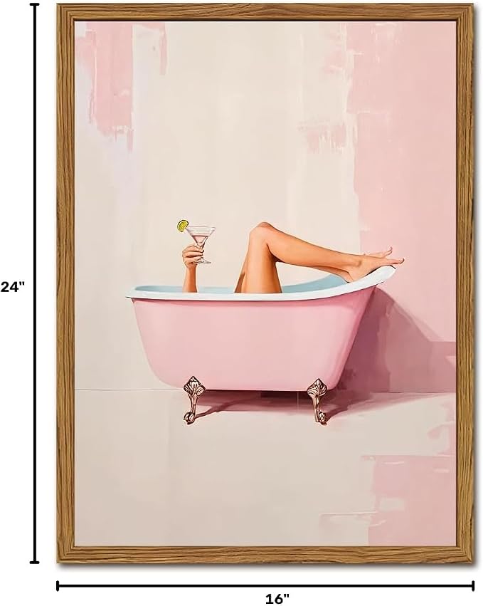 Funny Pink Girl Bathroom Wall Art, Cute Girly Bathtub Wall Decor Painting Trendy Pastel Woman and Martini Bathroom Poster Canvas Print Artwork 16x24 inch Framed
