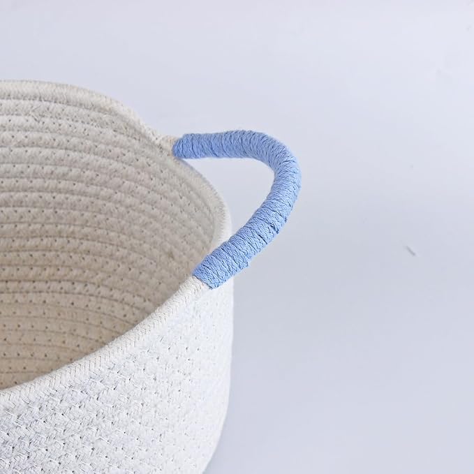 Yimi's Dream White and Blue Cotton Rope Gift Basket with Handle, 12 x 8 in | Small Cute Shelf Baskets for Baby Shower, Baby Boy Gifts, Easter, Birthdays, Wedding, Nursery, Shelves, and Home Decor