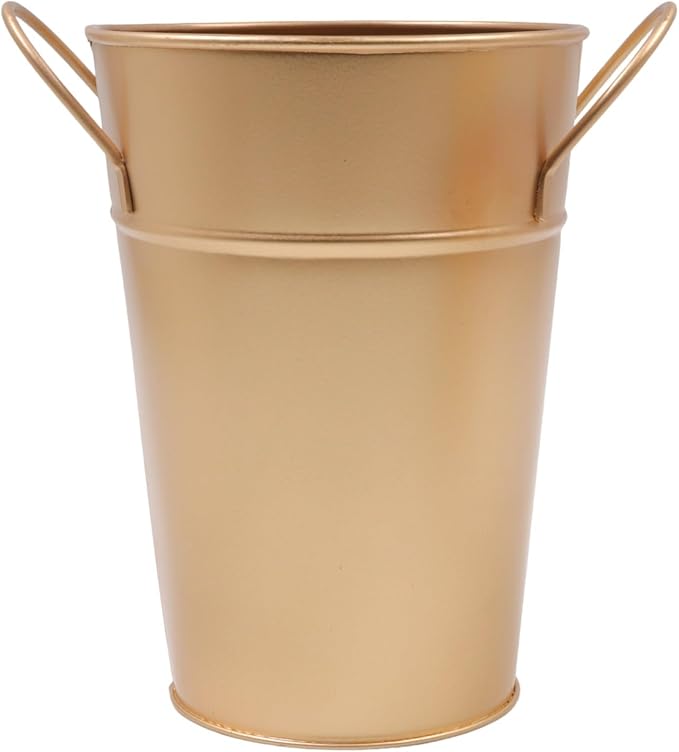 Hosley Set of 2 Gold Bucket/Pot Vase with PVC Liner, 5" Dia x 7" H Ideal Gift for Floral Arrangements Wedding Home Office Party DIY Indoor Outdoor Garden Patio