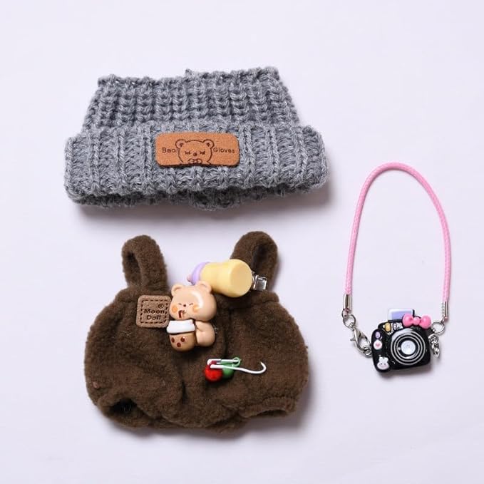 Dolls Designer Clothes for Doll, 17cm Doll Clothes Outfit Accessories with Brown Sweater Overall, Black Camera and Beanie, DDK-Brown