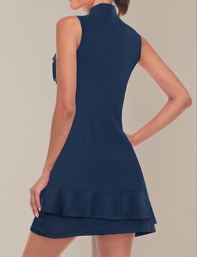 Viracy Tennis Dress for Women Sleeveless Golf Dresses with Shorts and Pockets Ruffle Zip Up Stand Collar Golf Outfits