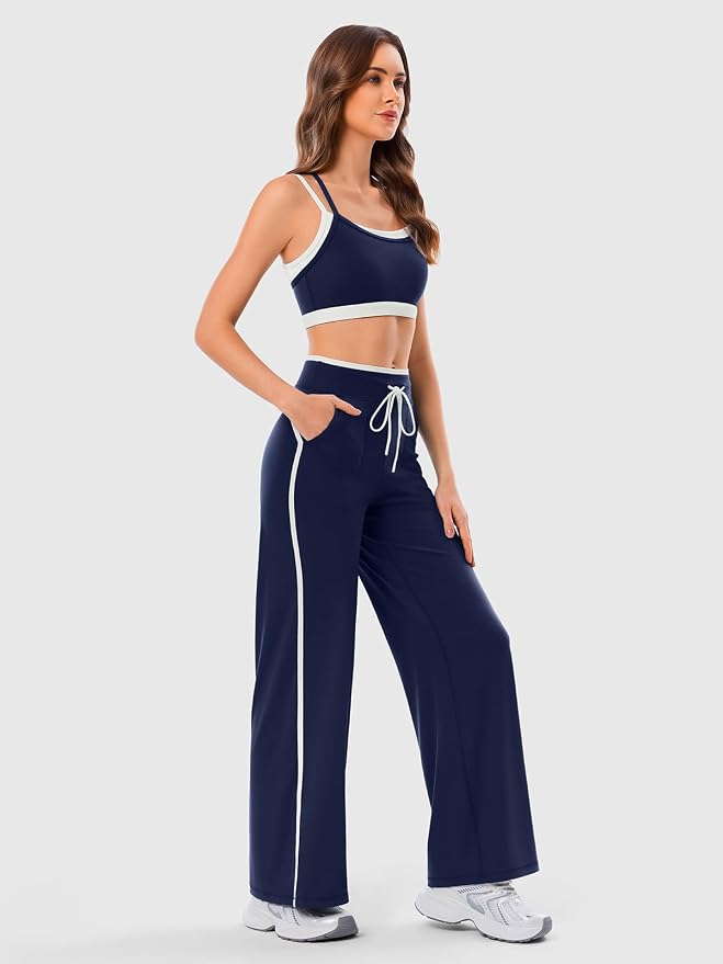 Women's Wide Leg Yoga Pants with Side Stripe, High Waisted Color Block String Lounge Pants, Workout Flowy Track Pants with Pockets