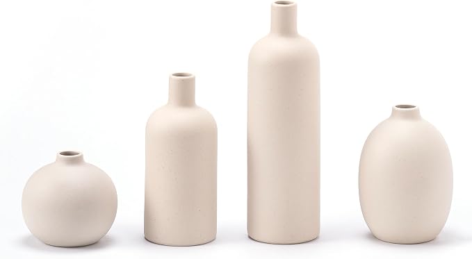 Ceramic Vase Set of 4, Classic Beige White Matte Vases Home Decorations for Table Shelf Office Centerpieces Decor