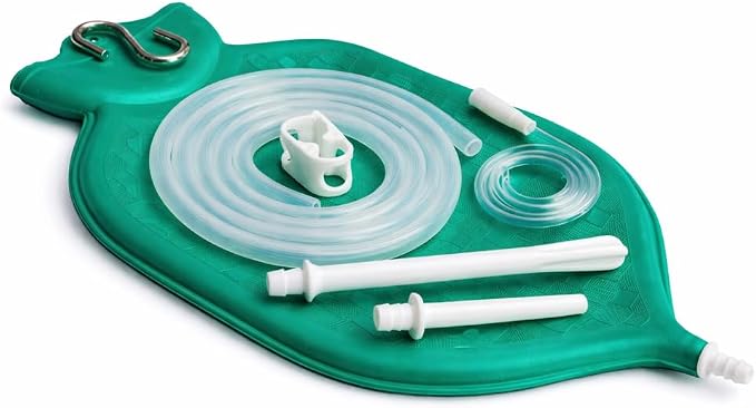 HealthAndYoga™ NaturoFlo Superior Enema Bag Kit with Silicone Tubing Hose and Fittings - 2 Quart Fountain Open top Kit for Fleet Enema and Anal Douche - Green