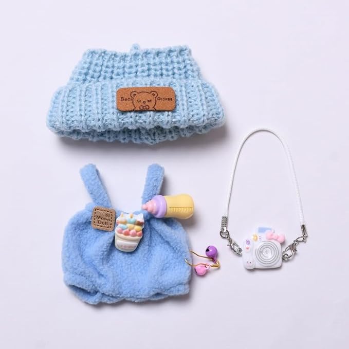 Designer Clothes for 15cm/17cm Dolls, Doll Knit Outfit Accessories with Blue Sweater Overall, White Camera and Beanie, DDK-Blue
