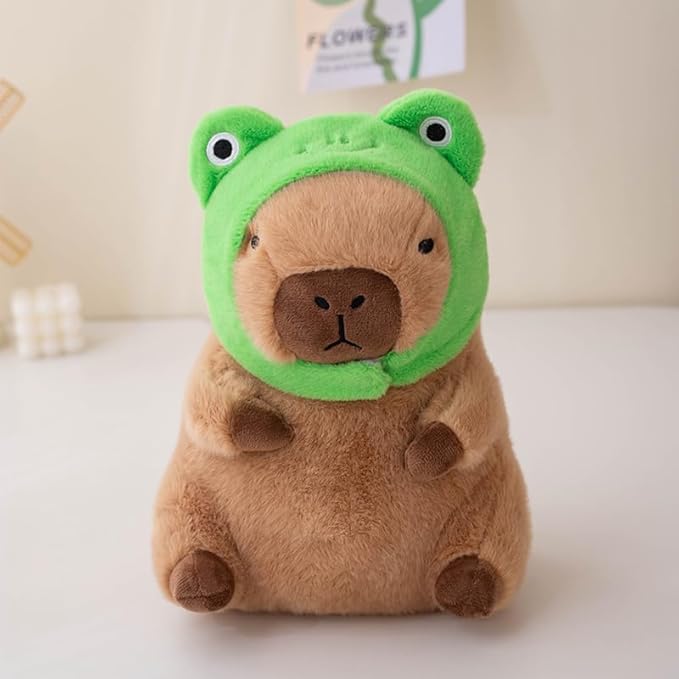 Cute Capybar Stuffed Animals with Wearable Toast headsetwear Capybar, Gifts for Kids (Frog hat)