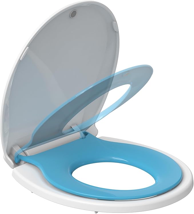 GarveeTech Toilet Seat With Toddler Seat Built In, Round Toilet Seat for Potty Training, Fits Both Adults and Children, Slow Close and Magnetic Closure - Ideal for Family Bathroom(Round Blue)