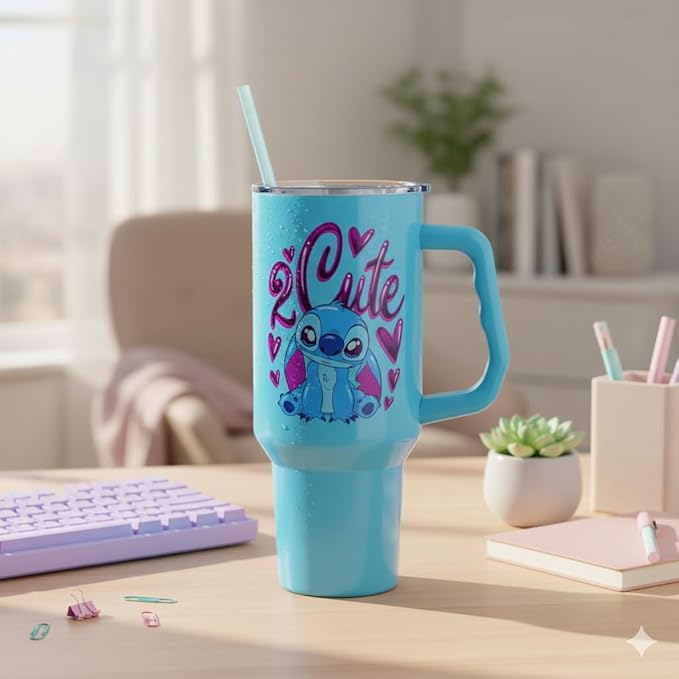 Silver Buffalo Disney Lilo and Stitch “2 Cute” Double Walled Stainless Steel Tumbler with Handle, Fits in Standard Cup Holder, 40 Ounces