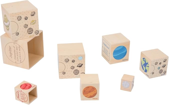 Wooden Eight Planets Nesting Blocks for Kids 3+, Montessori Sorting & Stacking Cube Boxes, Preschool Educational Science Toy Set for Toddlers Boys & Girls―Learning Solar System (8 Pcs)