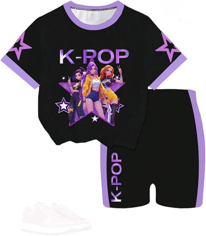 K-POP DEM0N Hunters Outfits for Girls, 2 Piece T-Shirts and Apparel Sets Birthday Gift
